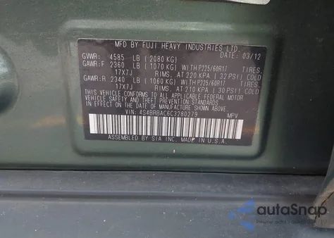 2012 Subaru Outback 2.5I z USA, uszkodzony, nr VIN 4S4BRBAC6C3280279